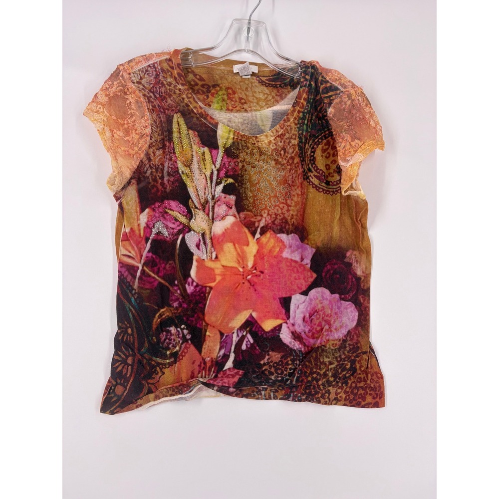 Chicos Size 1 Floral Print Sheer Lace Top Orange Brown Women's‎
